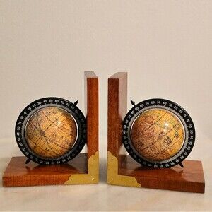 Globe World Old Map Wooden Base Vintage Bookends Spinning